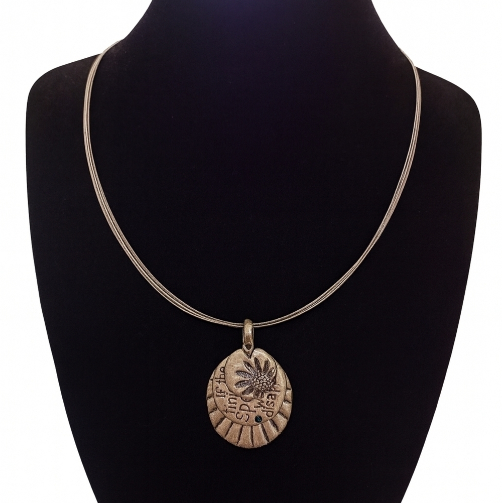Chico’s Silver Tone Multi-Wire Necklace Sunflower + Quote Pendant